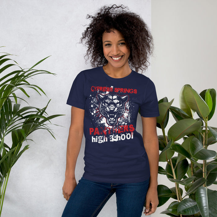 Woman wearing Cypress Springs High School Panthers Navy Premium Unisex T-shirt 205