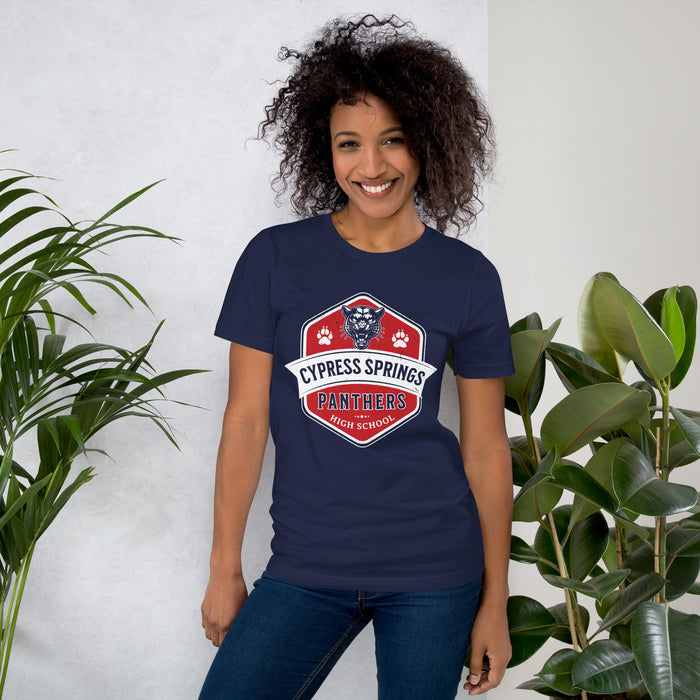 Woman wearing Cypress Springs High School Panthers Navy Premium Unisex T-shirt 209