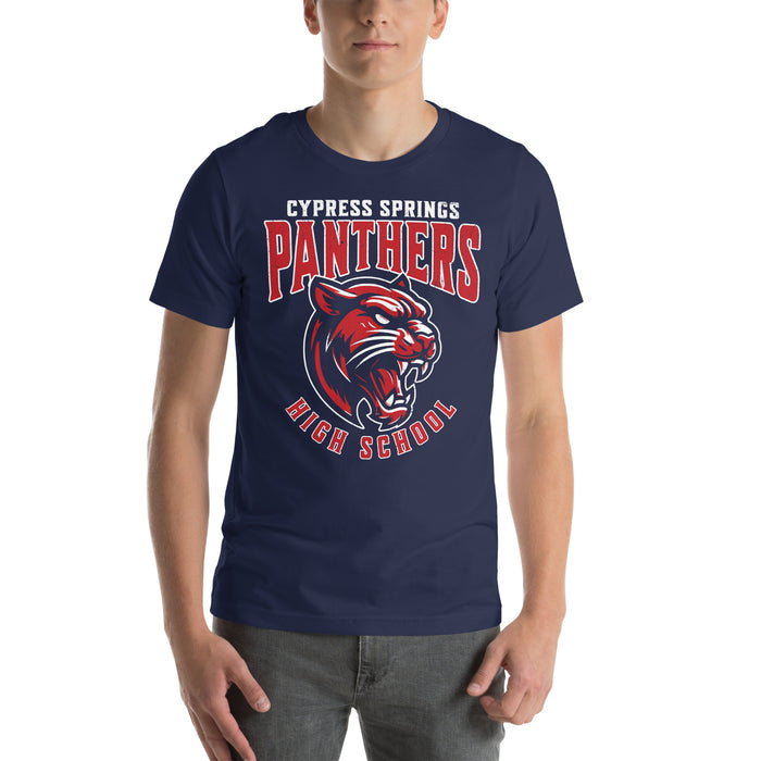 Student wearing Cypress Springs High School Panthers Navy Premium Unisex T-shirt 213