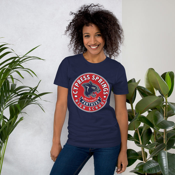 Woman wearing Cypress Springs High School Panthers Navy Premium Unisex T-shirt 215