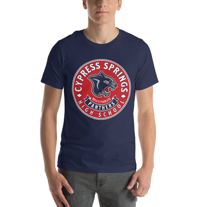 Student wearing Cypress Springs High School Panthers Navy Premium Unisex T-shirt 215