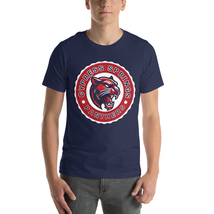 Student wearing Cypress Springs High School Panthers Navy Premium Unisex T-shirt 216