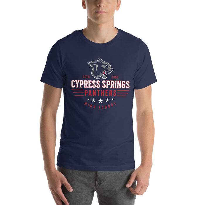 Student wearing Cypress Springs High School Panthers Navy Premium Unisex T-shirt 217