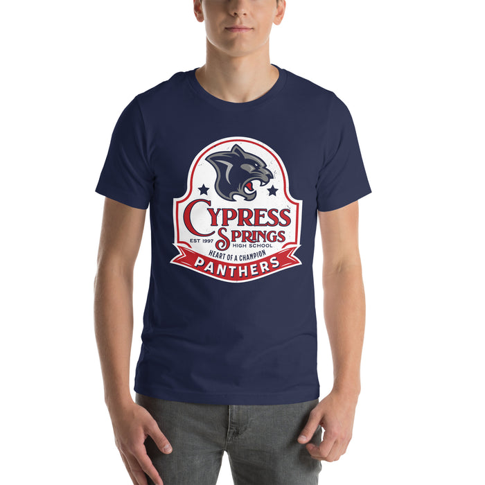 Student wearing Cypress Springs High School Panthers Navy Premium Unisex T-shirt 219