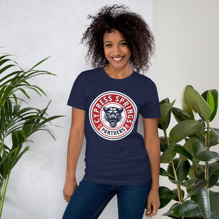 Woman wearing Cypress Springs High School Panthers Navy Premium Unisex T-shirt 220