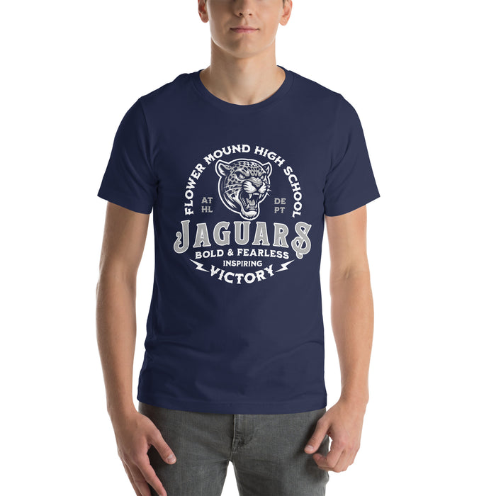 Man wearing Flower Mound High School Jaguars Navy Blue Premium T-shirt 206