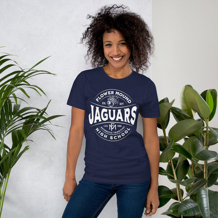 Woman wearing Flower Mound High School Jaguars Navy Blue Premium T-shirt 218