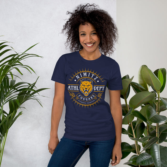 Woman wearing Nimitz High School Cougars Navy Blue Premium Unisex T-shirt 201