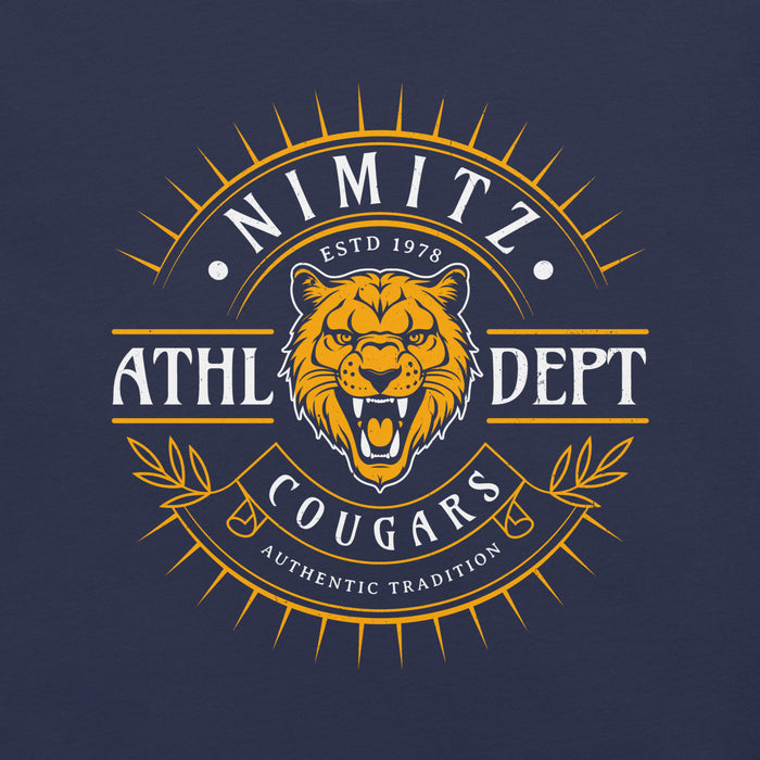 Close-up view of Nimitz High School Cougars Navy Blue Premium Unisex T-shirt 201