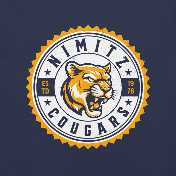 Close-up view of Nimitz High School Cougars Navy Blue Premium Unisex T-shirt 203