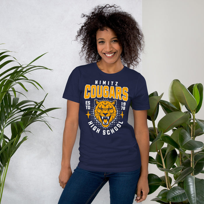 Woman wearing Nimitz High School Cougars Navy Blue Premium Unisex T-shirt 204