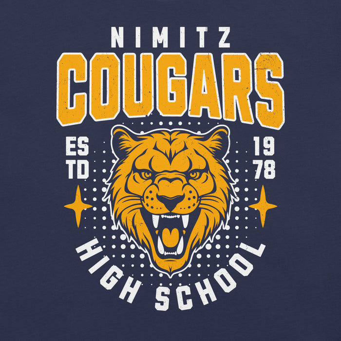 Close-up view of Nimitz High School Cougars Navy Blue Premium Unisex T-shirt 204