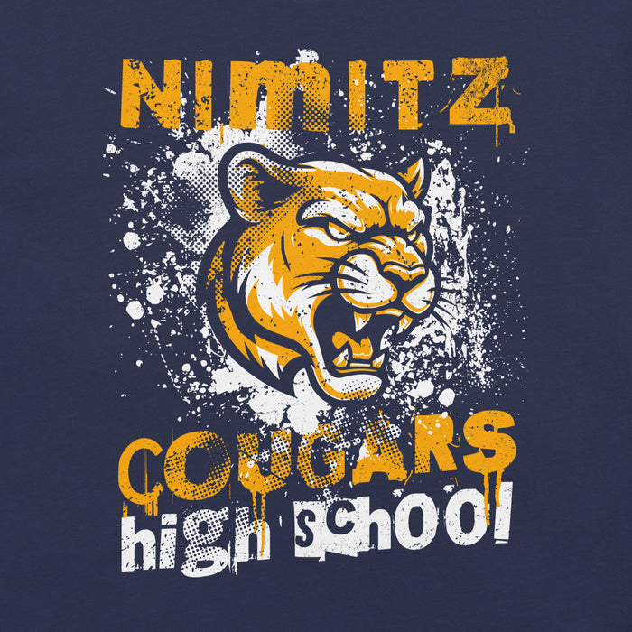 Close-up view of Nimitz High School Cougars Navy Blue Premium Unisex T-shirt 205