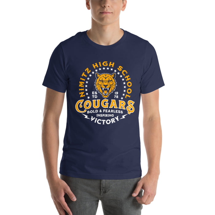 Man wearing Nimitz High School Cougars Navy Blue Premium Unisex T-shirt 206