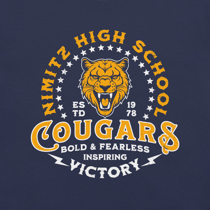 Close-up view of Nimitz High School Cougars Navy Blue Premium Unisex T-shirt 206