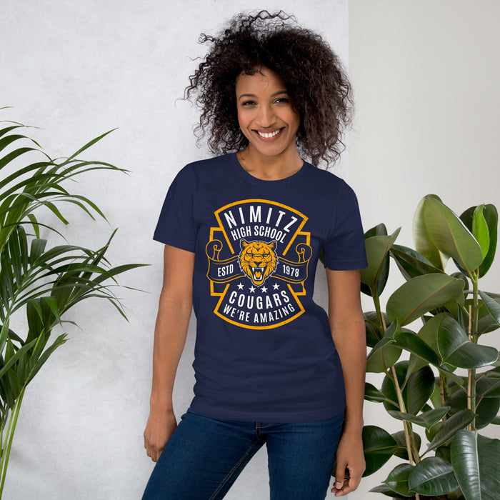 Woman wearing Nimitz High School Cougars Navy Blue Premium Unisex T-shirt 207