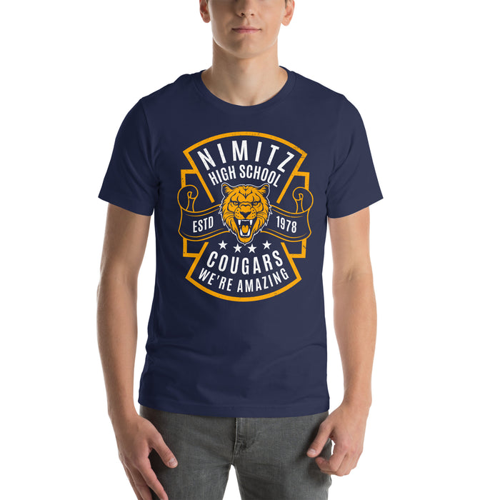 Student wearing Nimitz High School Cougars Navy Blue Premium Unisex T-shirt 207