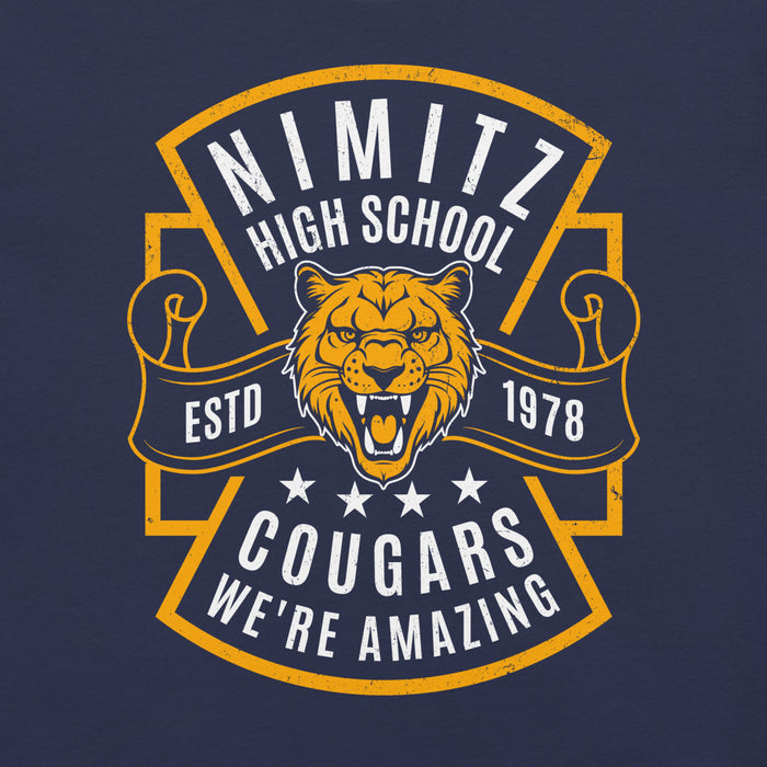 Close-up view of Nimitz High School Cougars Navy Blue Premium Unisex T-shirt 207