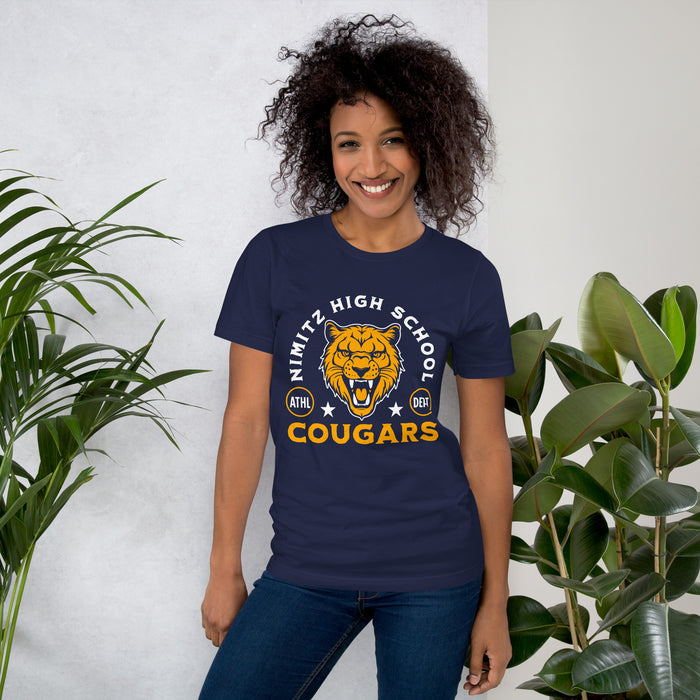 Woman wearing Nimitz High School Cougars Navy Blue Premium Unisex T-shirt 208