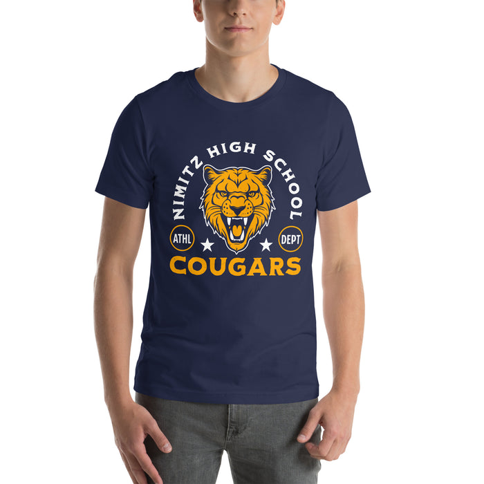 Man wearing Nimitz High School Cougars Navy Blue Premium Unisex T-shirt 208