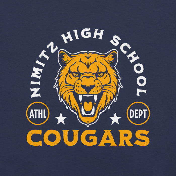 Close-up view of Nimitz High School Cougars Navy Blue Premium Unisex T-shirt 208