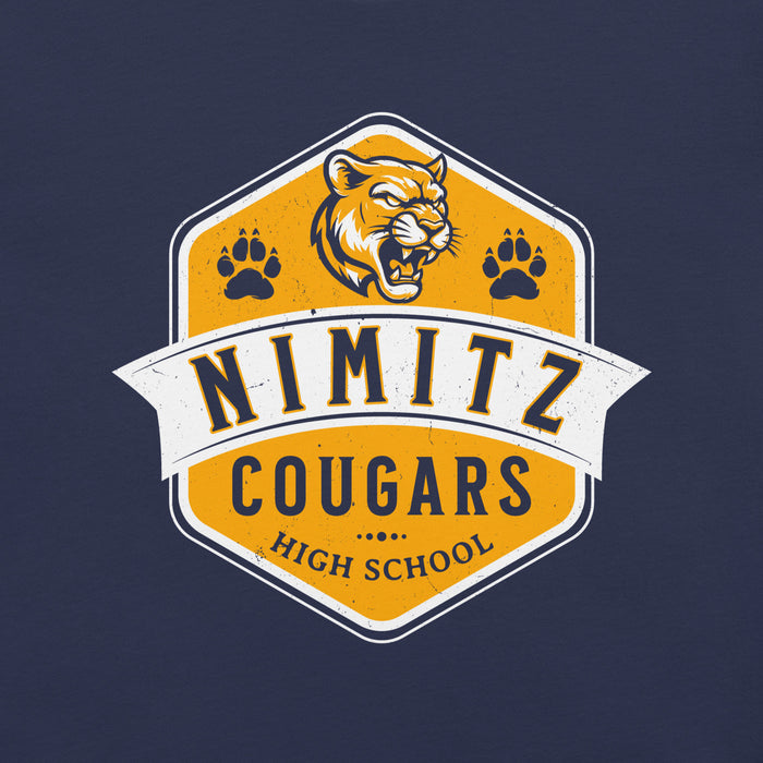 Close-up view of Nimitz High School Cougars Navy Blue Premium Unisex T-shirt 209