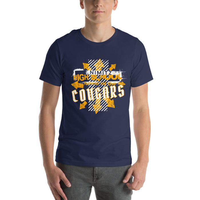 Man wearing Nimitz High School Cougars Navy Blue Premium Unisex T-shirt 210