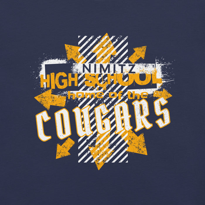 Close-up view of Nimitz High School Cougars Navy Blue Premium Unisex T-shirt 210