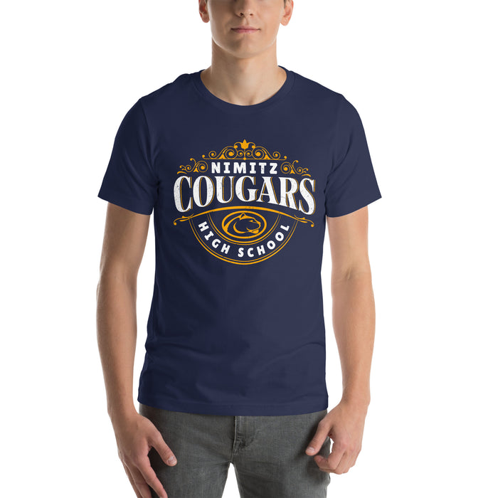 Man wearing Nimitz High School Cougars Navy Blue Premium Unisex T-shirt 211