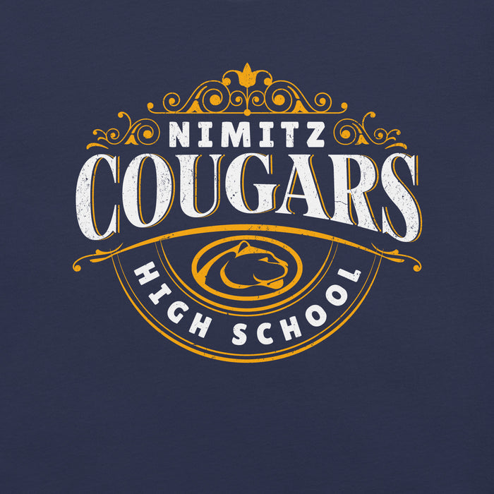 Close-up view of Nimitz High School Cougars Navy Blue Premium Unisex T-shirt 211