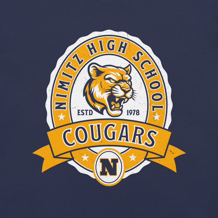 Close-up view of Nimitz High School Cougars Navy Blue Premium Unisex T-shirt 212