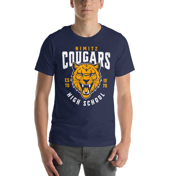 Man wearing Nimitz High School Cougars Navy Blue Premium Unisex T-shirt 213