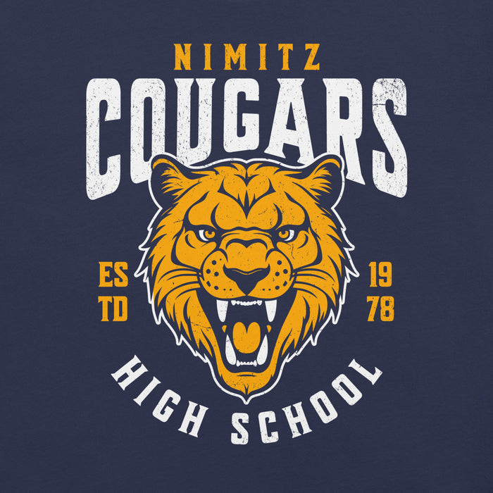 Close-up view of Nimitz High School Cougars Navy Blue Premium Unisex T-shirt 213