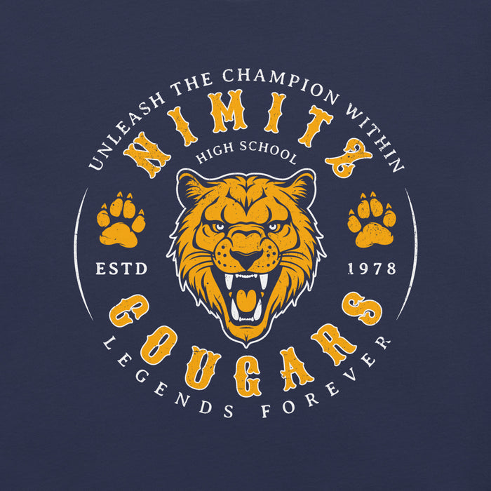 Close-up view of Nimitz High School Cougars Navy Blue Premium Unisex T-shirt 214