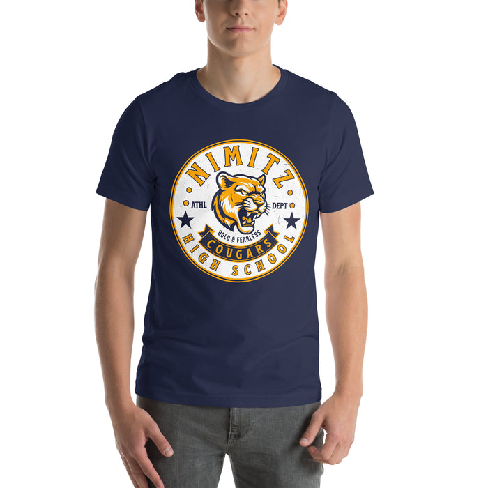 Student wearing Nimitz High School Cougars Navy Blue Premium Unisex T-shirt 215