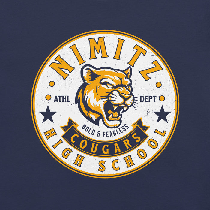 Close-up view of Nimitz High School Cougars Navy Blue Premium Unisex T-shirt 215