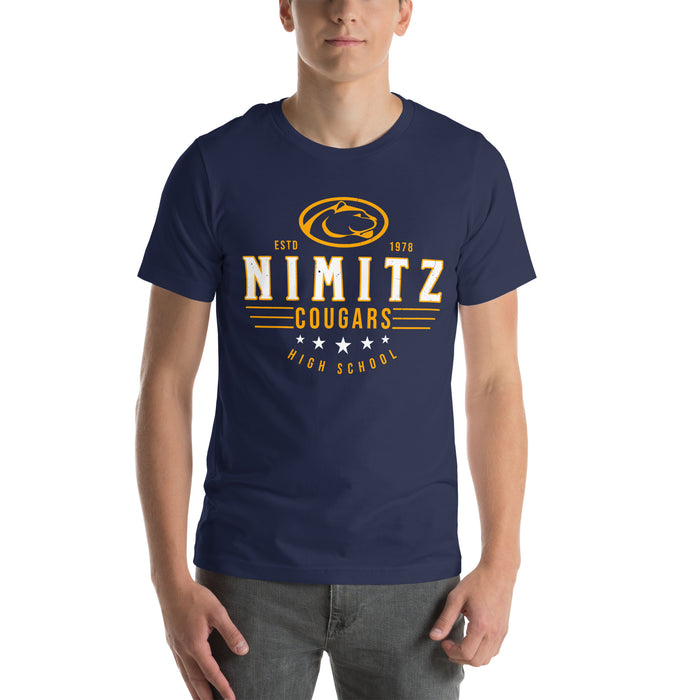 Man wearing Nimitz High School Cougars Navy Blue Premium Unisex T-shirt 217