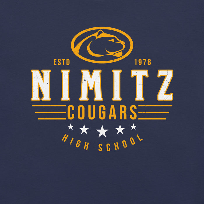 Close-up view of Nimitz High School Cougars Navy Blue Premium Unisex T-shirt 217