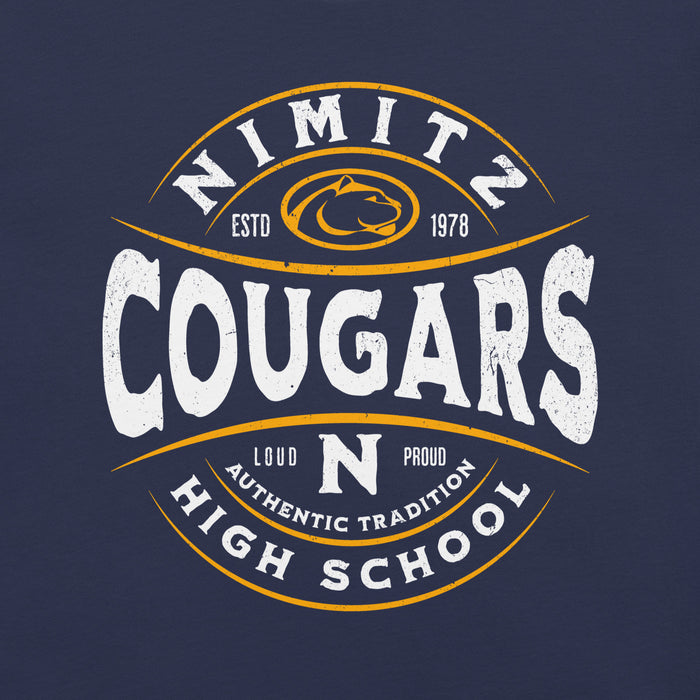 Close-up view of Nimitz High School Cougars Navy Blue Premium Unisex T-shirt 218