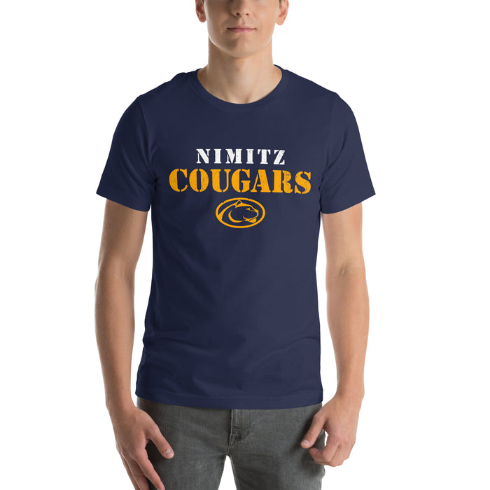 Student wearing Nimitz High School Cougars Navy Blue Premium Unisex T-shirt 222