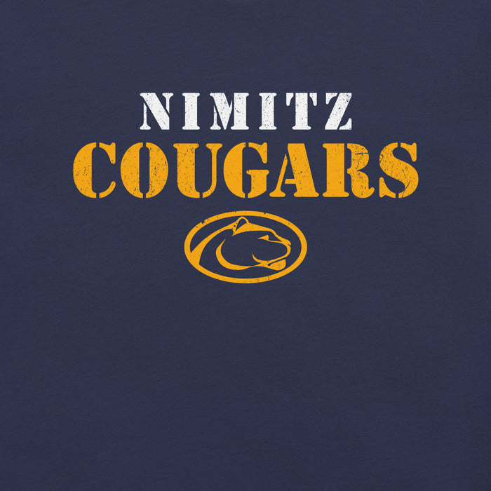 Close-up view of Nimitz High School Cougars Navy Blue Premium Unisex T-shirt 222