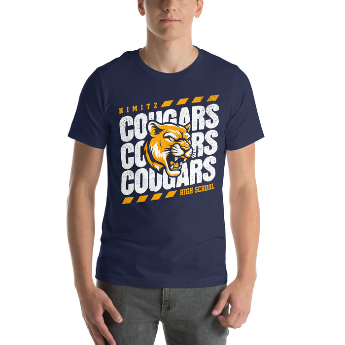 Student wearing Nimitz High School Cougars Navy Blue Premium Unisex T-shirt 223