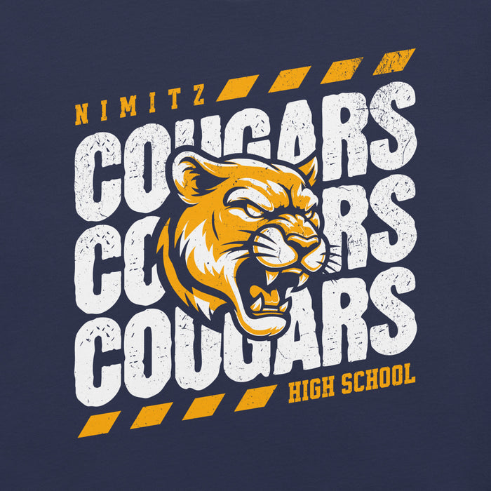 Close-up view of Nimitz High School Cougars Navy Blue Premium Unisex T-shirt 223