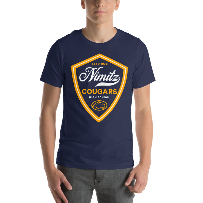 Man wearing Nimitz High School Cougars Navy Blue Premium Unisex T-shirt 225