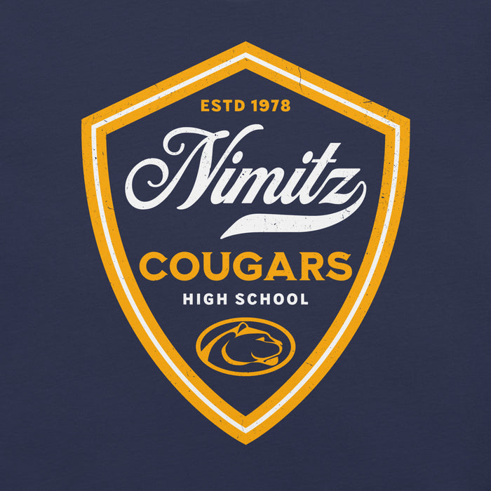 Close-up view of Nimitz High School Cougars Navy Blue Premium Unisex T-shirt 225