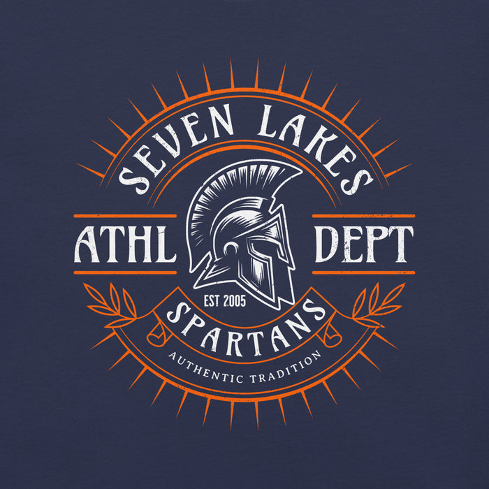 Close-up view of Seven Lakes High School Spartans Navy Premium Unisex T-shirt 201