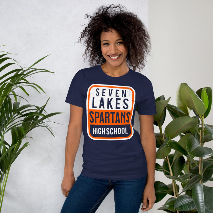 Woman wearing Seven Lakes High School Spartans Navy Premium Unisex T-shirt 001