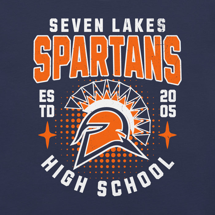 Close-up view of Seven Lakes High School Spartans Navy Premium Unisex T-shirt 204