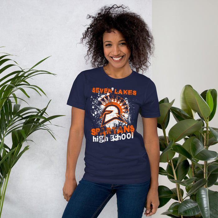 Woman wearing Seven Lakes High School Spartans Navy Premium Unisex T-shirt 205