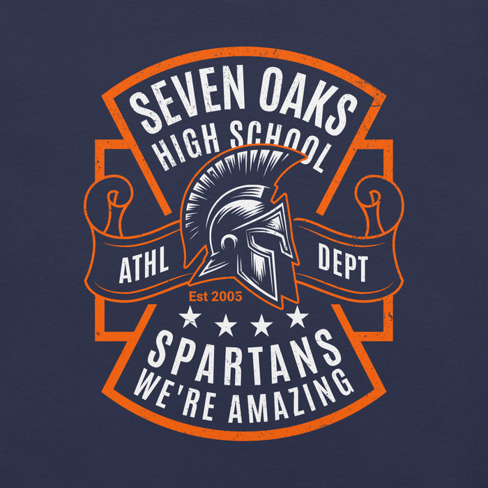 Close-up view of Seven Lakes High School Spartans Navy Premium Unisex T-shirt 207